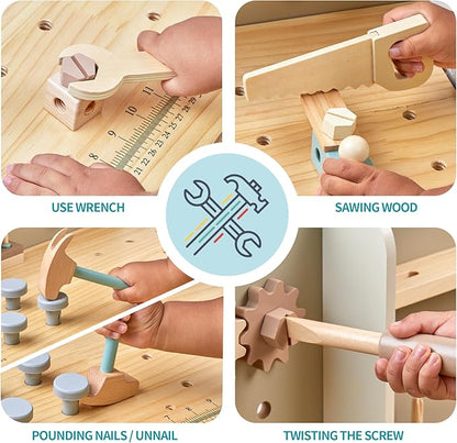Kids Tool Bench,Wooden Play Tools Set with Kids Tool Belt Toddlers Workbench Pretend Construction Tools Set Wooden Toy Drill Gift for Boys & Girls Age 3-5