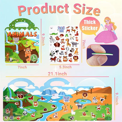 6 Pack Jelly Sticker Books for Toddlers 3+ Years, Reusable Sticker Books for Toddlers 3, Airplane Toys,Farm Vehicles Animals Princess My Body Supermarket Theme