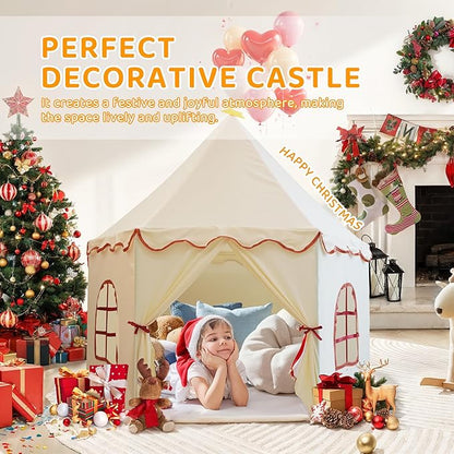 Large Girls Play Tent Princess, Boys Castle Kids Playhouse Indoor Outdoor Toddler Teepee | American Style Design, Age 3-8| Detailed Instructions| Colorful Package| Christmas Birthday Gift Beige