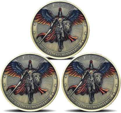 Archangel Michael Challenge Coin Religious Art Collectible with Inspirational Scripture Psalm 91:10 – 11 (Pack of 3)