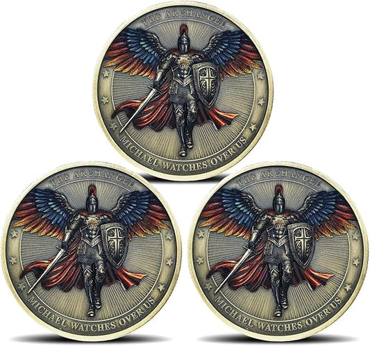 Archangel Michael Challenge Coin Religious Art Collectible with Inspirational Scripture Psalm 91:10 – 11 (Pack of 3)