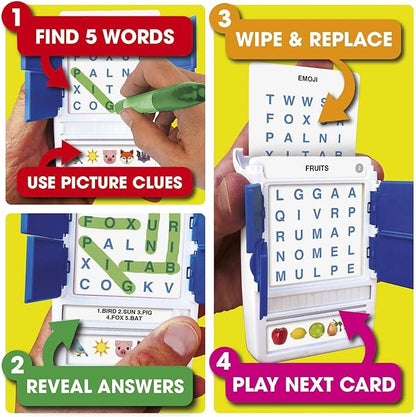 100 PICS Word Search Travel Game - 100 Puzzles with Picture Clues | 50 Wipe Clean Cards with Slide Reveal case and Pen | Activity, Gift, Stocking Stuffer | for Kids and Adults, Age 6+