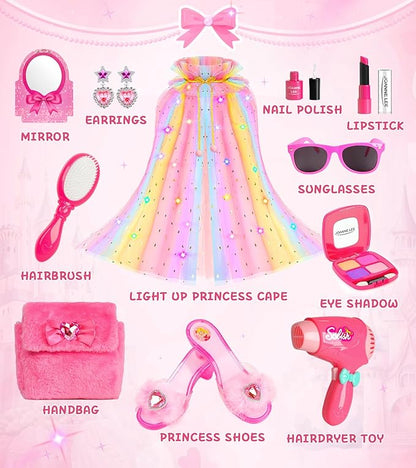 Princess Light Up Cape Dress Up Shoes, Kids Pretend Makeup Set for Girls Pretend Play Beauty Hair Salons Toys Gift for 3-6 Toddler Little Girls
