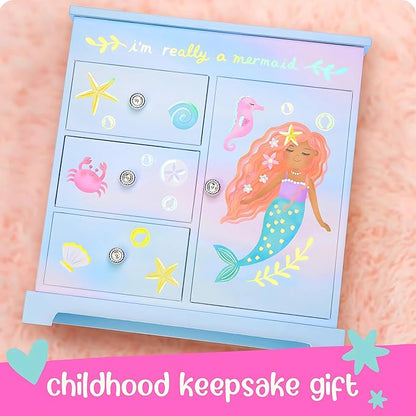 Mermaid Musical Jewelry Box for Girls - Kids Music Box with Drawers, Mermaid Mermaid Gifts for Girls, Mermaid Jewelry Boxes for Ages 3-10 - 9 x 5 x 9.3 in, Blue