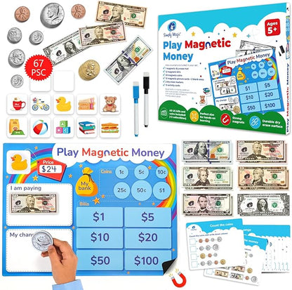 Simply magic 67 PCS Play Money for Teaching - Magnetic Money for Classroom Activity Set, Pretend Play Money Magnets for Kids, Money Manipulatives & Games, Toy Toddler Money, Learning Coins, Bills