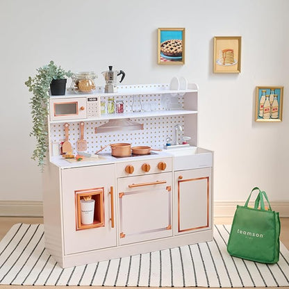 Teamson Kids Wooden Play Kitchen for Toddlers with Accessories, Pretend Cooking Set for Kids Age 3+, White Toy Kitchen Playset, Retro Design, Realistic Features for Boys & Girls, St. Louis Collection