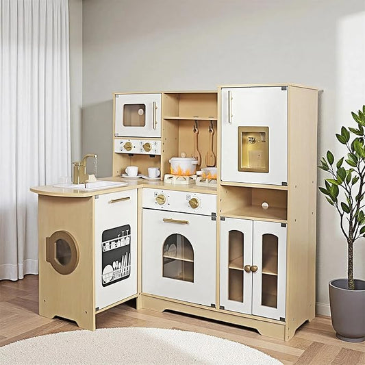 Large Wooden Corner Play Kitchen Sets with Real Running Water, 2 in 1 Water Dispenser with Ice Maker, Toy Tove with Light and Sounds for Toddlers, Preschoolers, Children Age 3+ Years