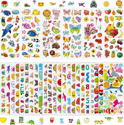 36 Sheets Mixed Stickers for Kids - 900+ 3D Puffy Stickers Variety Pack | Animals, Vehicles, Food, Letters, Dinosaurs | Reusable, Waterproof | Crafts, Scrapbooking, Gifts