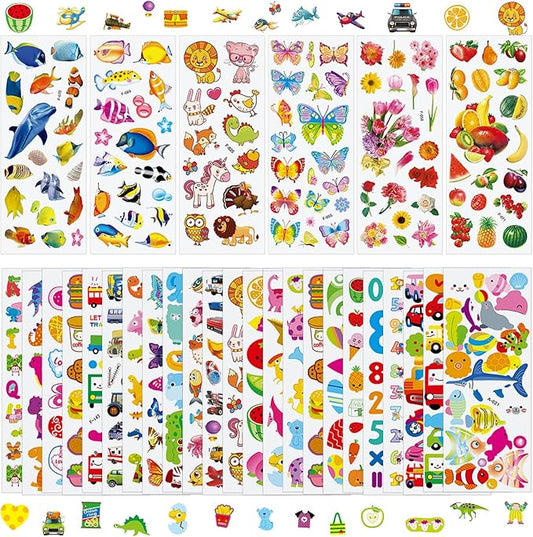 36 Sheets Mixed Stickers for Kids - 900+ 3D Puffy Stickers Variety Pack | Animals, Vehicles, Food, Letters, Dinosaurs | Reusable, Waterproof | Crafts, Scrapbooking, Gifts