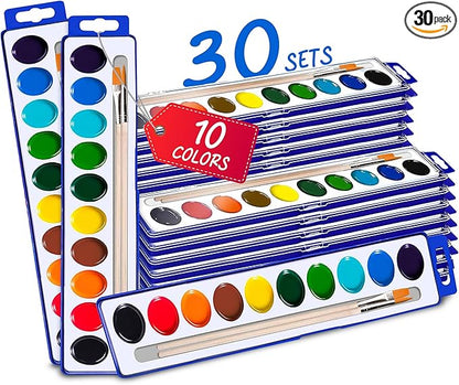 10-Color Water Color Paint Sets for Kids 30 Pack Bulk Watercolor Paint Set Washable Acuarelas Watercolor Palette Mini Paint Sets for Kids Party Favor Classroom Water Paint Kit 2 Wood Brushes Included