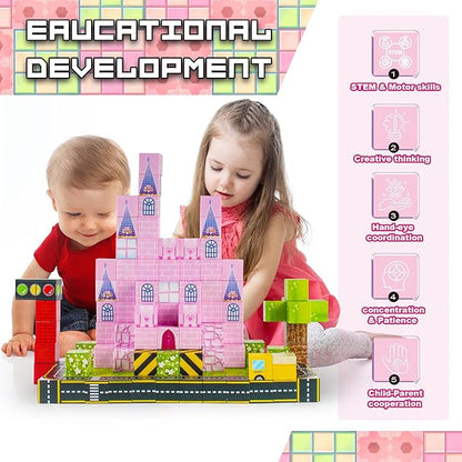 Magnetic Blocks 96 PCS Magnet World Princess Pink Castle World,Toys for 3+ Years Old Girls Boys, Montessori Sensory STEM Preschool Outdoor Toddler Toys, Christmas Birthday Gifts for Kids