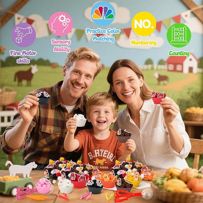 EZdhuawuse Farm Animals Sensory Bin Fillers - 301 Fall Animals Fine Motor Toys Sorting Stacking Toys for Kids, Felt Pig Horse Sheep Pom Poms Cup Clip for Preschool Education Early Development Activity