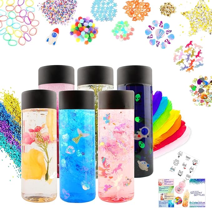 Sensory bottle Kits for Calm Calming Corner Items, Sensory Toys for Kids with Autism, Calm Down Toys with Unicorn, Space, Mermaid, 6 Big Empty Plastic Reusable Bottles Toddler Classroom Must Haves