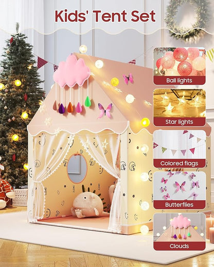 Kids Play Tent, Princess Tent Indoor Playhouse Set with Star Lights, Ball Lights, Colorful Flags, Butterflies, Clouds - Pink Tents for Kids Toddle Castle for Girls Toy House Gift