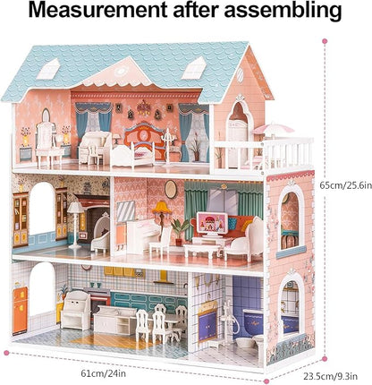 ROBUD Wooden Dollhouse for Kids Girls, Toy Gift for 3 4 5 6 Years Old, with Furniture