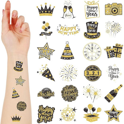 Landhoow 240 Pcs 2026 Happy New Year Tattoos Temporary Stickers Glitter New Year's Eve Face Tattoos Cool Body Sticker 2026 Themed Party Costume Accessory Tattoo Party Favor