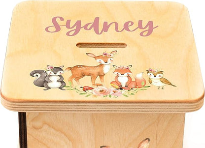 Wooden Piggy Bank for Kids and Adults, Personalized Gift Handmade in USA by BloomOwl, Custom Piggy Bank, Personalized Banks for Kids, Gifts for Baby Boys and Girls (Woodland- Girl)