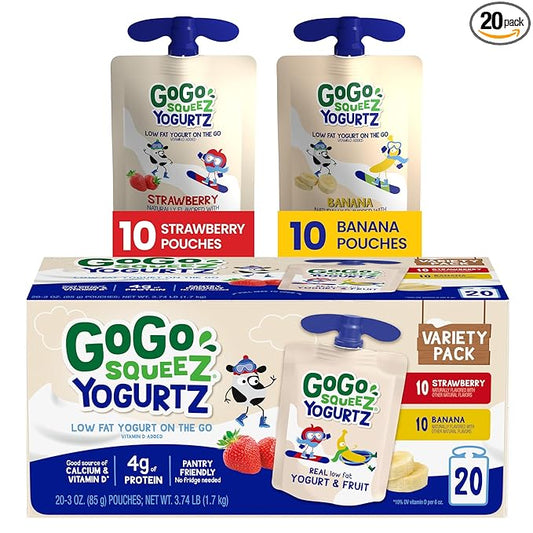 GoGo squeeZ yogurtZ Variety Pack, Strawberry & Banana, 3 oz (Pack of 20), Kids Snacks Made from Real Yogurt and Fruit, No Fridge Needed, Gluten Free, Nut Free, Recloseable Cap, BPA Free Pouches