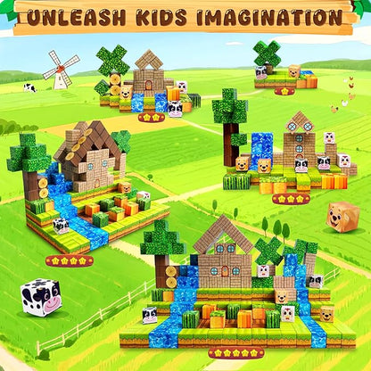 Magnetic Blocks Building Toys for Kids: Magnetic Blocks for Kids Ages 3-4, 8-12, 1" Magnet Cubes STEM Toys for Boys & Girls,Christmas Birthday Gifts for Toddler Ages 3+, 48PCS Blocks Farm Theme