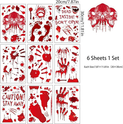 9 Sheets Halloween Bloody Handprint Footprint Window Stickers Halloween Window Clings Bloodstain Skull Footprint Designs Double Side Scary Bloody Handprint Stickers for Party Decor