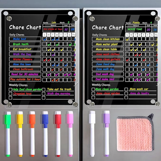 2Pcs Acrylic Magnetic Chore Chart for Kids & Adult，12" x 9.5" Behavior Responsibility Reward Chart，at Home Clear Dry Erase Refrigerator Board for Multiple Kids & Teens(w/ 8 Markers & Towel)