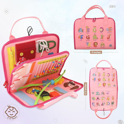 Montessori Busy Board Book, Toddlers, Sensory Activities and Preschool Learning - Toy for Home, Airplane and Car Travel (Pink)