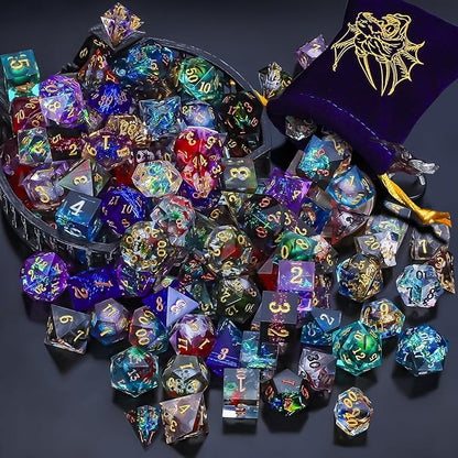 QMAY Resin Mystery Dice Set, 7 Pcs Handmade Sharp Edge Polyhedral Dice, Random Various Styles DND Dice & Dice Bag, DND Gifts, Suitable for Dungeons and Dragons, RPG, MTG,Role Playing Table Game
