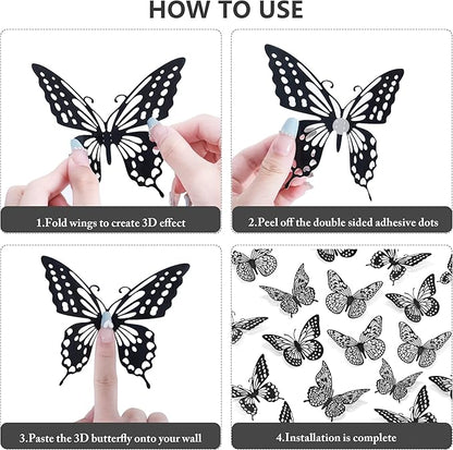 SAOROPEB 3D Butterfly Wall Decor - 48 Pcs, 4 Styles, 3 Sizes - Gold Butterfly Decorations for Birthday and Party Cake Decorations - Removable Stickers (Black)
