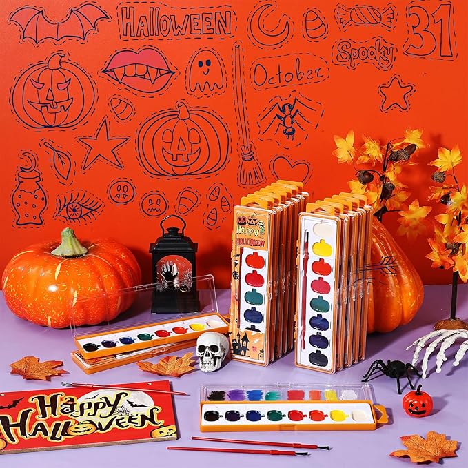 36 Pack Halloween Pumpkin Watercolor Paint Set for Kids 8 Washable Colors with Brushes Water Color Painting Kit for Halloween Painting Kit Gift Party Supplies