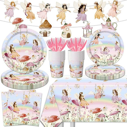 Fairy Party Decorations Tableware, 142pcs Fairy Birthday Party Decorations Plates and Napkins Cups Tablecloth Flower Fairies Banner for Enchanted Forest Garden Birthday Baby Shower Decorations