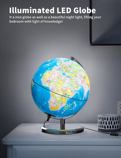 9" Illuminated World Globe with Stand, Educational Globes for Kids Learning, Colorful HD World Map Details, LED Globe Lamp for Living Rooms Decor