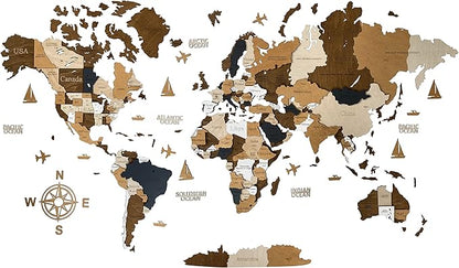 Wooden World Map 3D Art Large Wall Decor - Size (M & L & XL) Any Occasion Gift Idea - Wall Art For Home & Kitchen or Office (COFFEE, 63,00" x 33,46")