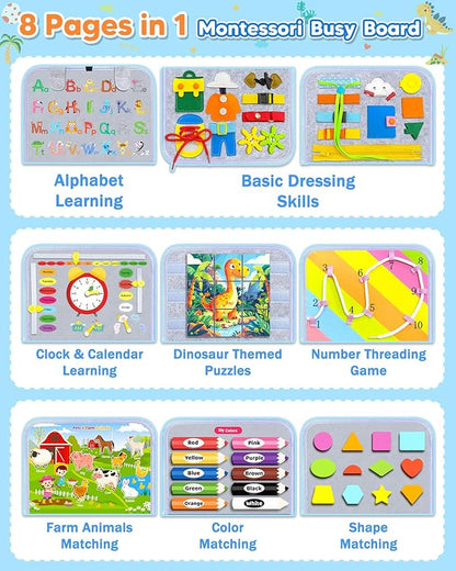 Gojmzo Busy Board Montessori Toys for Toddler Boy Girl Birthday Gifts, Busy Book Sensory Toys for Toddlers, Learning Educational Toddler Travel Activities