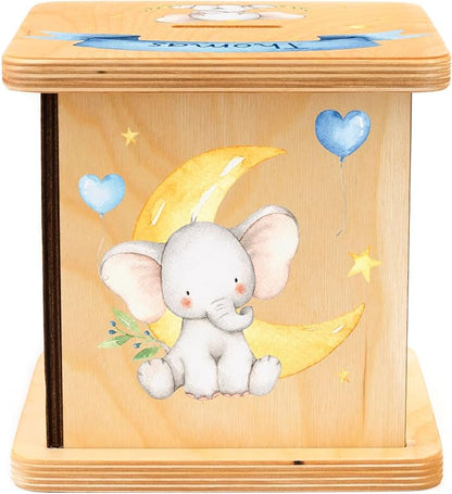 Wooden Piggy Bank for Kids and Adults, Personalized Gift Handmade in USA by BloomOwl, Custom Piggy Bank, Personalized Banks for Kids, Gifts for Baby Boys and Girls (Elephant- Blue)