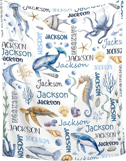 Personalized Baby Blanket for Girls Boys Kids Dolphins Turtles Custom Baby Blanket with Name Throw Birthday Gift for Toddlers Infants Shower Newborns Nursery Stroller Crib Bed Decor
