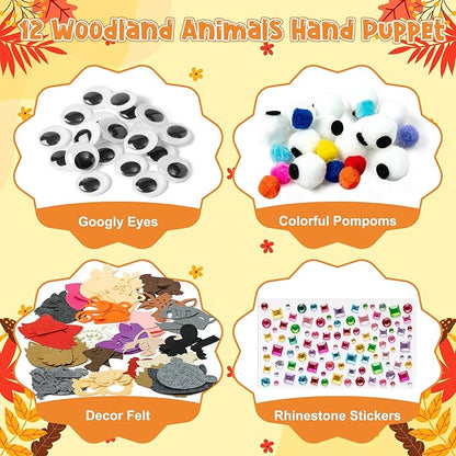 WATINC 12Pcs Hand Puppet Making Kit, Art Craft Felt Sock Puppet Toys, Creative DIY Make Your Own Pompoms Wiggle Googly Eyes Storytelling Role Play Party Supplies Gift for Girls Boys (Woodland Animals)
