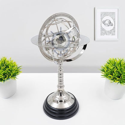 Nagina International Antique Vintage Zodiac Armillary Brass Sphere Globe Wooden Display | Pirate's Antique Ship Decor (XL, Nickel Plated)