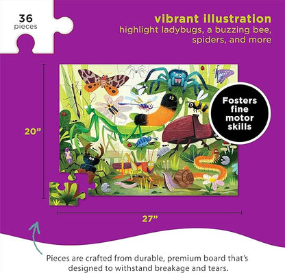 Crocodile Creek 36-Piece Jigsaw Floor Puzzle - Fun Floor Puzzles for Kids Ages 3-5 - Heavy-Duty Shaped Box for Storage - Backyard Bugs - 27" W x 20" H Finished