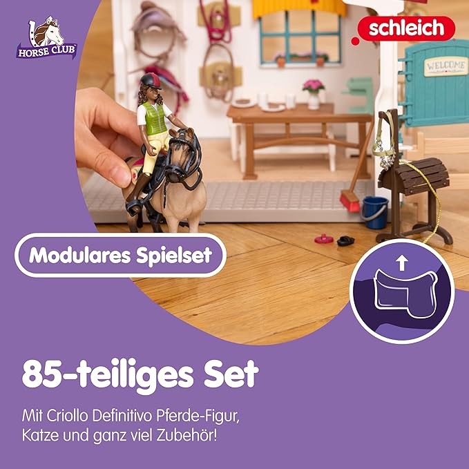 Schleich Horse Club - 85 PC Tack Room Stable Extension Toy Playset with Rider Sarah Action Figure, Horse Figurine and Accessories for Girls and Boys - Interactive, Realistic Kids Toys Ages 5+ | 42591