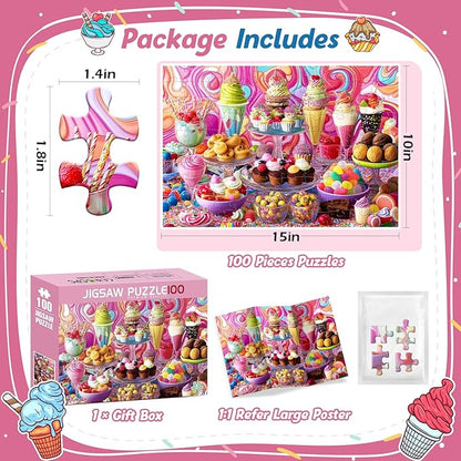 Puzzles for Kids Ages 4-8,100 Piece Puzzles for Kids Ice Cream Puzzle for Kid Ages 4-6 6-8 8-10 Large Piece Jigsaw Puzzle for Children Senior Adult Educational Puzzle Toys Preschool Birthday Gifts