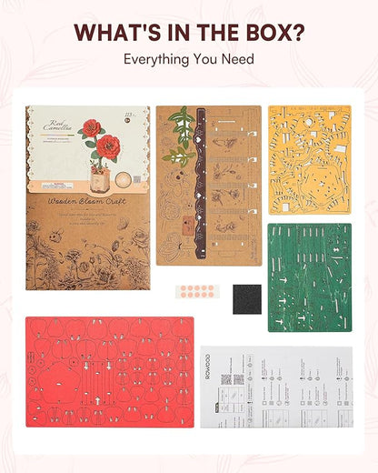 3D Flower Wooden Puzzles for Adults-Red Camellia, DIY Wooden Flowers Model Kit Building Set Crafts for Adults to Build, Botanical Collection/Ideal Creative Gift Ideas/Housewarming (113PCS)