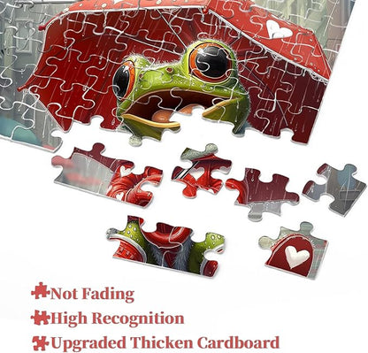 Cute Frog Puzzles for Adults 1000 Pieces, PICKFORU Happy Rain Fun Jigsaw Puzzle Umbrella, Challenging Colorful Love Hearts Theme as Art Decor