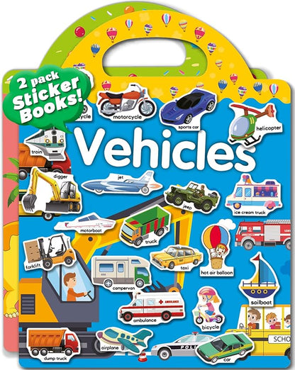 2 Pack Vehicle Dinosaur Reusable Sticker Book for Toddlers 2-4 Years, Toddler Sticker Book for Kids, Toddler Activities Crafts Preschool Learning Travel Birthday Gifts for Boys Girls