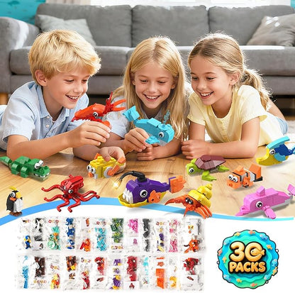 HOGOKIDS 30 Pack Animals Party Favors for Kids, 824PCS Mini Marine Animal Building Block Sets for Goodie Bags Filler Classroom Prizes, Easter Basket Stocking Stuffer Birthday for Boys Girls 6+
