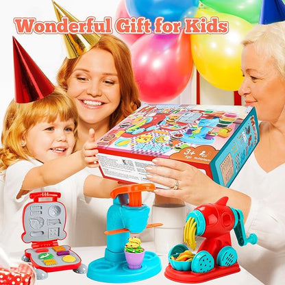 59 PCS 3 in 1 Dough Sets for Kids Ages 3-4-8, Art Crafts Dough Tools Kit, Ice Cream Playset Noodle Hamburger Maker Machine, Kitchen Creations Food Play Toys Toddlers Boys Girls