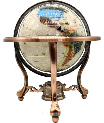 Limited Edition! Unique Art Since 1996 Pearl Swirl Table Top Gemstone World Globe with Tripod Vintage Copper Zinc Alloy Stand (220MM/9 INCHES/PEARL OCEAN/COPPER)