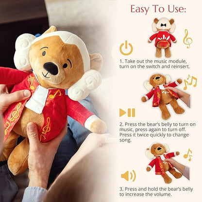 Amadeus Mozart Plush Bear – Plays 40 Mins of Classical Music, Educational & Soothing Interactive Teddy Bear for Babies & Toddlers, Perfect