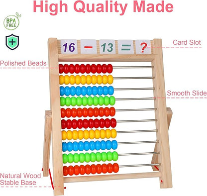 KIDWILL Preschool Math Learning Toy,10-Row Wooden Frame Abacus with Multi-Color Beads, Counting Sticks, Number Alphabet Cards, Gift for 2 3 4 5 6 Years Old Toddlers Boys Girls