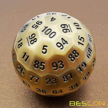 Bescon Solid Metal 100 Sided Dice, Game Dice D100, Giant Polyhedral Metal 100 Sides Dice 50MM in Diameter (1.97in), Ancient Brass