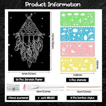 Noveread 67 Pcs Scratch Paper Art Set Scratchboard Craft Kits Black Coated Scratch Paper Wood Art Stylus and Stencils for DIY Birthday Party Gift Supplies (7.2 x 5 Inch)